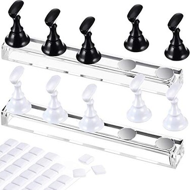 2 Set Acrylic Nail Art Practice Stands Magnetic Nail Tips Holders Training Fingernail Display Stands DIY Crystal Holders and 96 Pieces White Reusable Adhesive Putty(Black and White)