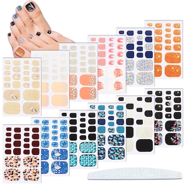 Maitys 264 Pieces 12 Sheets Toe Nail Stickers Self Adhesive Full Nail Wraps Toenail Art Polish Stickers Strips Manicure Accessories Glitter Decals with 1 PC File for Women Girls(Dreamy Style)