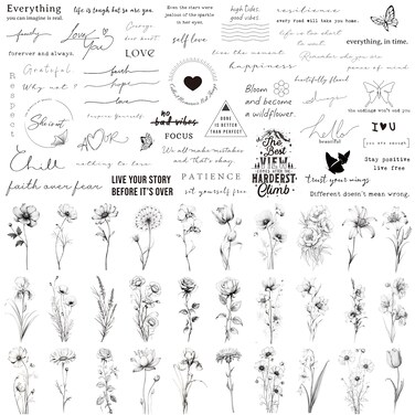 Realistic Temporary Tattoos - 60 Sheets Small Fake Tattoos, 30 Pcs Meaningful Scripts Words Tattoos, 30 Pcs Line Art Wild Flower Nature Tattoo Stickers for Women and Men