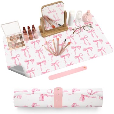 Coquette Bow Makeup Mat for Vanity Top Protector, Dual Sided Leather Vanity Mat Waterproof Mouse Pads Dressing Desk Makeup Table Cover Nonstick Countertop for Women(Pink,11.8" X 23.6")