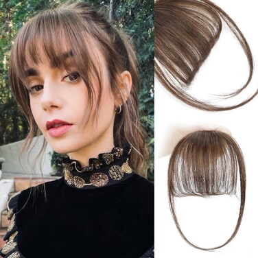 HANYUDIE Clip in Brown Human Hair Bangs, Clip on Wispy Bangs Hair Extensions with Temple Hairs for Women (Medium Brown)