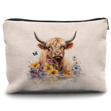 Nogrit Floral Highland Cow Makeup Bag, Highland Cow Gifts Makeup Bag, Cow Lover Gifts Cosmetic Bags for Women, Cow Gifts for Women Small Cosmetic Bag for Purse, Small Makeup Bag, Cute Cow Gifts