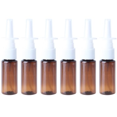 6Pcs Empty Refillable Amber Glass Nasal Spray Bottles Fine Mist Sprayers Travel Packing Containers with Press Spray Head for Saline Colloidal Silver Makeup Water Applications (20ml/0.67oz)