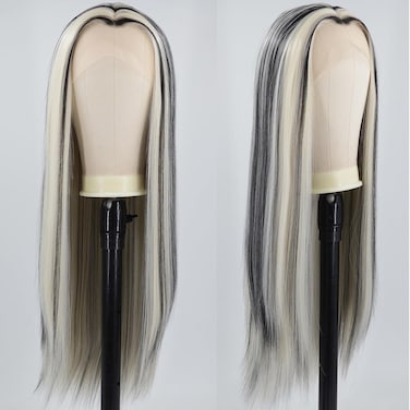 Black Highlight White Lace Front Wig Long Straight Skunk Stripe Synthetic Wigs for Cosplay Halloween