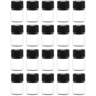 Teensery 20 Pcs 1ML Mini Glass Bottles Clear Essential Oil Vials Empty Cosmetic Sample Containers with Black Lid for Essential Oils, Perfumes, Aromatherapy (1 ML)