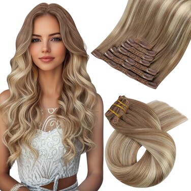 Moresoo Real Hair Extension Clip in Human Hair Balayage Light Brown with Golden Blonde Clip in Hair Extensions Human Hair Double Weft Clip in Human Hair Extensions Ombre Blonde 7Pcs 120G 16inch