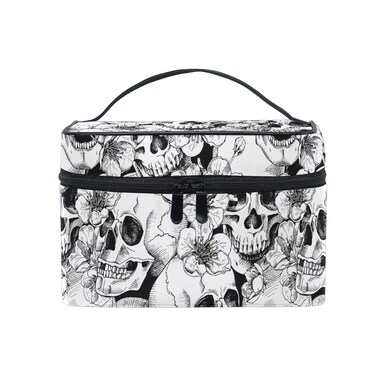 Makeup Train Case Sugar Skull Mexican Floral Korean Carrying Portable Zip Travel Cosmetic Brush Bag Organizer Large White Elephant Gift for Girls Women