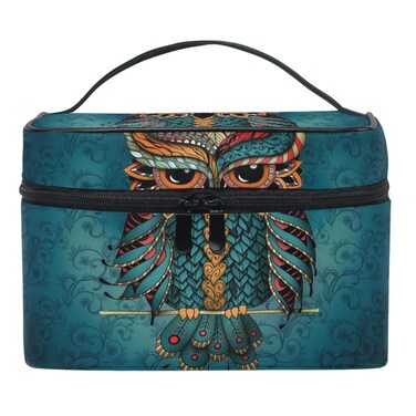 Makeup Train Case Owl Cyan Mandala Indian Feather Tribal Korean Carrying Portable Zip Travel Cosmetic Brush Bag Organizer Large for Girls Women