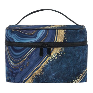 Makeup Train Case Elegant Navy Gold Marble Korean Carrying Portable Zip Travel Cosmetic Brush Bag Organizer Large for Girls Women