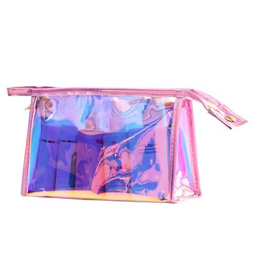 Laser PVC Cosmetic Bag Holographic Iridescent Makeup Bag Travel Toiletry Pouch Colorful Cosmetic Organizer Pouch with Zipper for Girls Teens Bridesmaids Pink