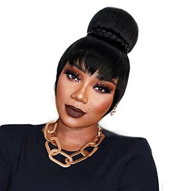Hair Bun and Bang Set 2PCS, Black Synthetic Braided Bun N Bang Clip in China Bang Clip on Hair Piece Hair Bun with Bangs for Black Women(#1B, J072)