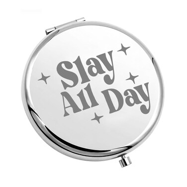 CHOORO Slay All Day Compact Mirror Feminist Jewelry Slay All Day Pocket Travel Engraved Makeup Mirror (Slay All Day-m)