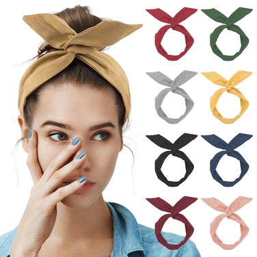 AUEAR, 9 Pack Solid Color Twist Bow Headband Wired Hair Tie Wire Headbands Rabbit Ear Head Wraps for Women Girls Accessories