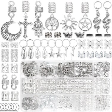NAISKA Vikings Hair Jewelry for Braids, 186Pcs Norse Runes Tube Beads Cross Snake Loc Dreadlock Accessories, Non-Piercing Ear Cuffs Locs Jewelry for Women and Men