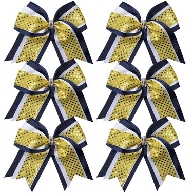 Cheerleader Bows 8 Inch 3 Layers 6 Pcs Ponytail Holder Jumbo Cheerleading Bows Hair Elastic Hair Tie for High School College (Navy/White/Yellow)