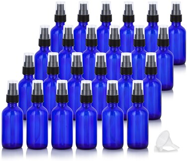JUVITUS 2 oz Cobalt Blue Glass Boston Round Black Treatment Pump Bottle (24 Pack) + Funnel and Travel Size Foamer for Soap