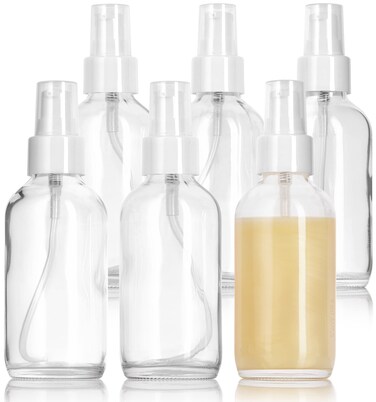 JUVITUS 4 oz / 120 ml Clear Glass Boston Round Bottle with White Treatment Pump BPA Free Refillable Empty Storage Containers (24 Pack)