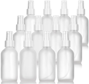JUVITUS 4 oz / 120 ml Frosted Clear Glass Boston Round Bottle with White Treatment Pump BPA Free Refillable Empty Storage Containers (12 Pack) + Travel Foamer