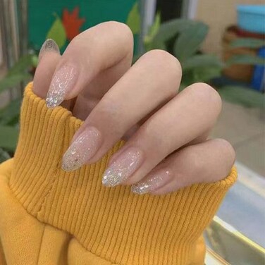 Bling Press on Nails Almond Fake Nails Artificial Medium Lengh Nails Acrylic Nude False Nails for Women and Grils