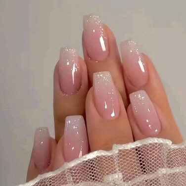 Press on Nails Medium Coffin Fake Nails Pink &amp; White Ombre Acrylic Nails Glossy False Nails with Silver Glitter Designs Cute Nails Translucent Artificial Nails for Women 24Pcs