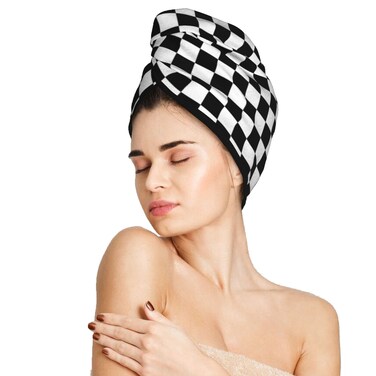 Black and White Checkerboard Hair Towel Wrap Microfiber Fast Drying Hair Turban with Buttons for Women Men Drying Curly, Long &amp; Thick Hair