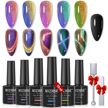 MIZHSE 9D Cat Eye Gel Nail Polish Set, Magnetic Gel Polish 10ml 6 Colors with 2 Magnet Sticks, Chameleon Galaxy Shiny Magic Effect Cateye Nail Polish Soak off Nail Art Gift for Women