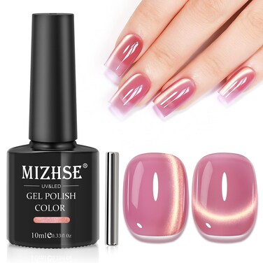 MIZHSE Pink Cat Eye Gel Nail Polish, Dawn Effect Glass Magnetic Gel Polish, Crystal Jelly Cateye Nail Gel with Magnet Stick Soak Off Nail Art Manicure Home