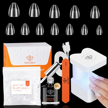 modelones Gel Nail Kit, Extra Short Almond Gel Nail Tips, 9-in-One Nail Glue &amp; Portable U V Nail Lamp, 216Pcs 12Sizes Acrylic False Nails Tip Press On Nail Extension DIY Nails Art Gift for Women