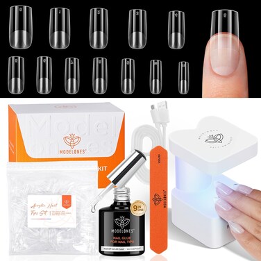 modelones Gel Nail Kit, Gel Nail Tips Medium Square, 9-in-One Nail Glue &amp; Portable U V Nail Lamp, 216Pcs 12Sizes Press On Acrylic False Nails Tip Nail Extension DIY Nails Art Gift for Women