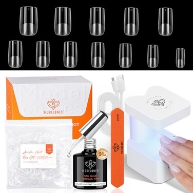 modelones Gel Nail Kit, Short Square Gel Nail Tips 9-in-One Nail Glue &amp; Portable U V Nail Lamp, 216Pcs 12Sizes Press On Acrylic False Nails Tip DIY Nails Art Nail Extension Gift for Women