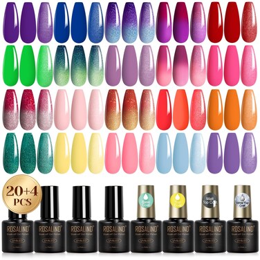 ROSALIND 24Pcs Color Changing Gel Nail Polish Set with Glitter Glossy Matte Top Coat Base Coat, 20 Colors Red Yellow Ombre Purple Temperature Change Gel Polish Nail Art