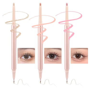 3PC Dual Ended Highlighter Makeup Pen, Glitter &amp; Matte Nude EyeLiner &amp; Eyeshadow, Liquid Contour Liner 2 in 1 Eye Make Up Stick, Mulit-Funtional Long Lasting Lying Silkworm Pencil Set