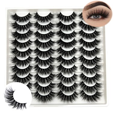 Mink Lashes Wispy Cat Eye Lashes Pack Natural Volume 3D Mink 18mm D Curl Strip Eyelashes Bulk Faux Mink False Eyelashes Natural Look (20 pairs)