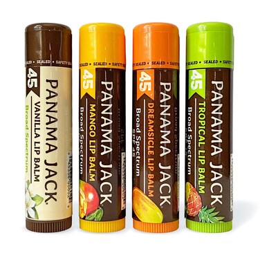 Panama Jack Sunscreen Lip Balm - SPF 45, Flavor Pack, Broad Spectrum UVA-UVB Sunscreen Protection, Prevents &amp; Soothes Dry, Chapped Lips (Dreamsicle/Vanilla/Tropical/Mango)