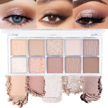 10Colors Light Brown Nude Silver Eyeshadow Palette Makeup,Natural Neutral Highly Pigmented Eye Shadow,Naturing-Looking Long Lasting Waterproof Blendable Hypoallergenic Suitable for Beginners