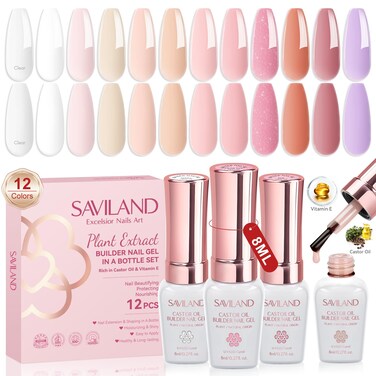 SAVILAND Gel Builder Set: 12 Translucent Colors Castor Oil Builder in a Bottle Vitamin E Hard Gel for Nails Extension Strengthener as Gifts for Women Home DIY Salon Nail Care Repair