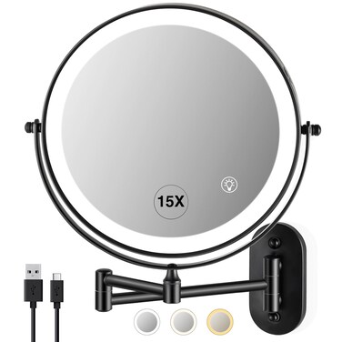 Magnifying Mirror with Lights 1x/15x Rechargeable: 8.5 inch Wall Mounted Lighted Makeup Mirror for Bathroom