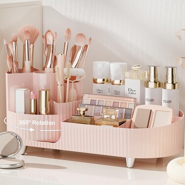 Pink Rotating Vanity Organizer with Brush Holder - Large Spinning Cosmetic Storage, Countertop Makeup &amp; Skincare Organizer, Perfume &amp; Lotions Display Case