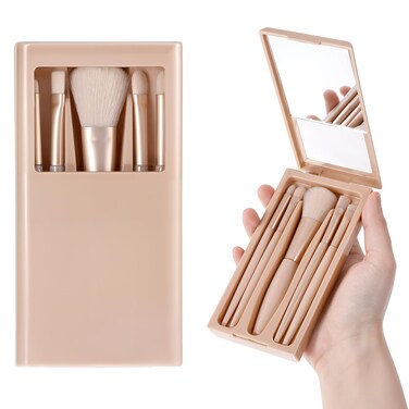 Travel Makeup Brushes Set, 5 PCS Mini Complete Function Cosmetic Brushes Kit Easy-taken Makeup Brush Set with Case Mirror Portable Travel Size Make Up Brush for Women Girls On The Go