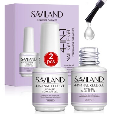 SAVILAND Gel Nail Glue 2 pcs 15 ML, 4-in-1 Glue Gel Set, Upgraded Glue on Nails, Fake &amp; Press on Nails, Gel Base Strengthen for Nails, Replacement for Glue, Nail Repair Treatment