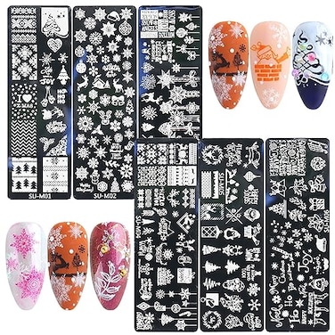 JERCLITY 6pcs Christmas Nail Stamping Plate Christmas Nail Stamping Plates for Nails Snowflakes Christmas Tree Lights Reindeer Image Plates Nail Stamper Kit for Christmas Nail Art(4.72 x 1.57 inch)