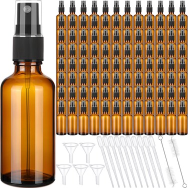 Nuogo 100 Pcs 2 Oz Glass Spray Bottles, Fine Mist Spray Bottle Refillable Cosmetic Bottles Empty Small Bottle with 10 Droppers, 5 Funnels, 2 Brushes for Essential Oil Cleaning Solutions(Brown)