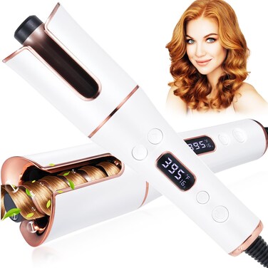 Automatic Hair Curler Cordless &amp; Portable Curling Wand Rechargeable Auto Hair Curler with Multiple Temperature Settings &amp; LCD Screen Woman Hair Styling Tool