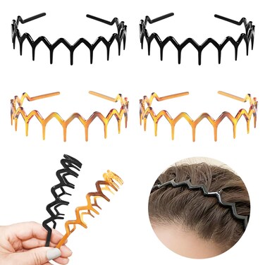 Zig Zag Headbands Classic 90s Plastic Headband with Teeth Wavy Comb Headbands for Women Men, Shark Tooth Headband &amp; Hair Band (2 Black + 2 Brown, Pack of 4)