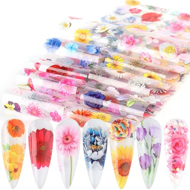 Flowers Nail Art Foil Transfer Stickers Decals, Holographic Floral Nail Art Design, Sky Starry Paper Transfer Foils Nails Supplies for Women Girls Manicure Decoration Nail Accessories Set(10 Sheets)
