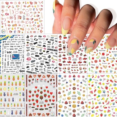 Fruits Nail Stickers for Girls,Strawberry&amp;Pineapple Nail Decals 3D Self-Adhesive Nail Stickers for Nail Art,Kids Nail Stickers Text Fragments Design Holiday Nail Stickers for Women(9 Sheets)