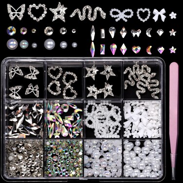 3D Nail Charms, Alloy Silver Snake Star Heart Butterfly Nail Charms and Gems, White Flower Hollow Heart Bows Pearls, Multi-Shapes &amp; Sizes Rhinestones for Nail Art Supplies Manicure Craft DIY