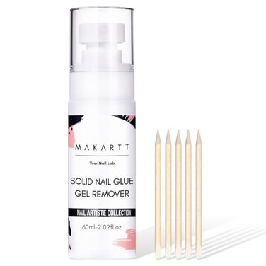 Makartt Nail Glue Remover for Press on Nails, 60ML Gentle Glue Remover for Solid Nail Glue Gel Non-Acetone Press on Nail Remover for Nail Tips, Nail Polish Remover with 5pcs Wooden Sticks
