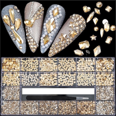 4880Pcs Champagne Rhinestones for Nails, Gold Crystal Nail Rhinestones Round Beads Flatback Glass Gems Stones, Multi Shapes Rhinestones 3D Nail Crystals for Nail Art DIY Crafts Clothes Shoes Jewelry