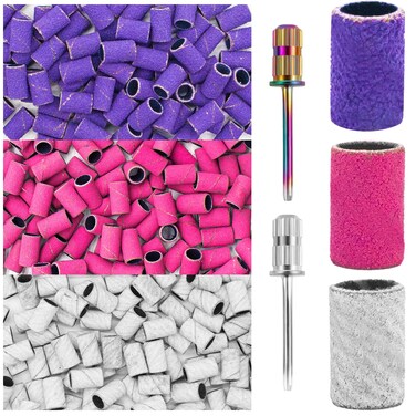Nail Drill Sanding Bands Set - 300pcs Coarse &amp; Fine Grit Bands (100#180#240#) with 3/32' Mandrel Bits for Manicure